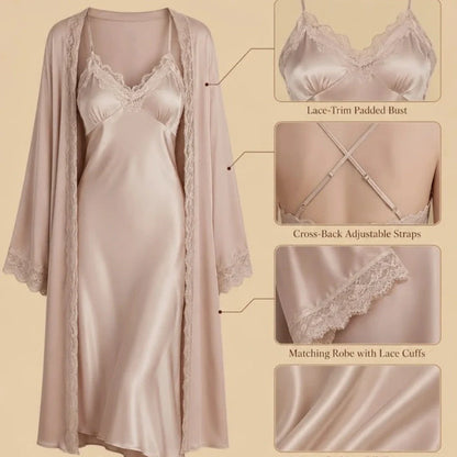 100% Mulberry Silk 19Momme Spaghetti Strap Nightgown &amp; Robe with Lace Design