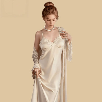 100% Mulberry Silk 19Momme Spaghetti Strap Nightgown &amp; Robe with Lace Design