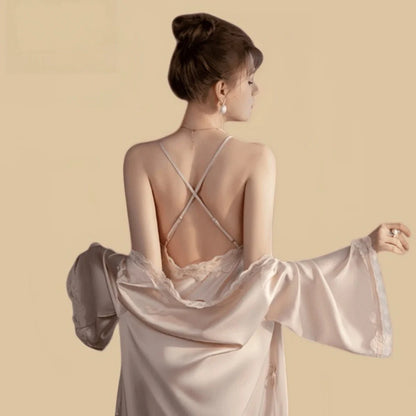 100% Mulberry Silk 19Momme Spaghetti Strap Nightgown &amp; Robe with Lace Design