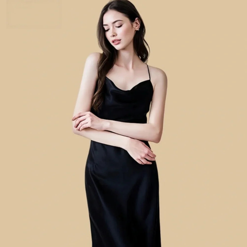 100% Mulberry Silk 19Momme Spaghetti Strap Nightgown with Cowl Neck and Tie Back