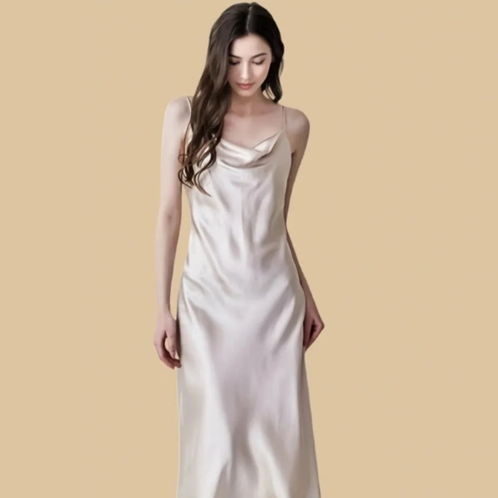 100% Mulberry Silk 19Momme Spaghetti Strap Nightgown with Cowl Neck and Tie Back