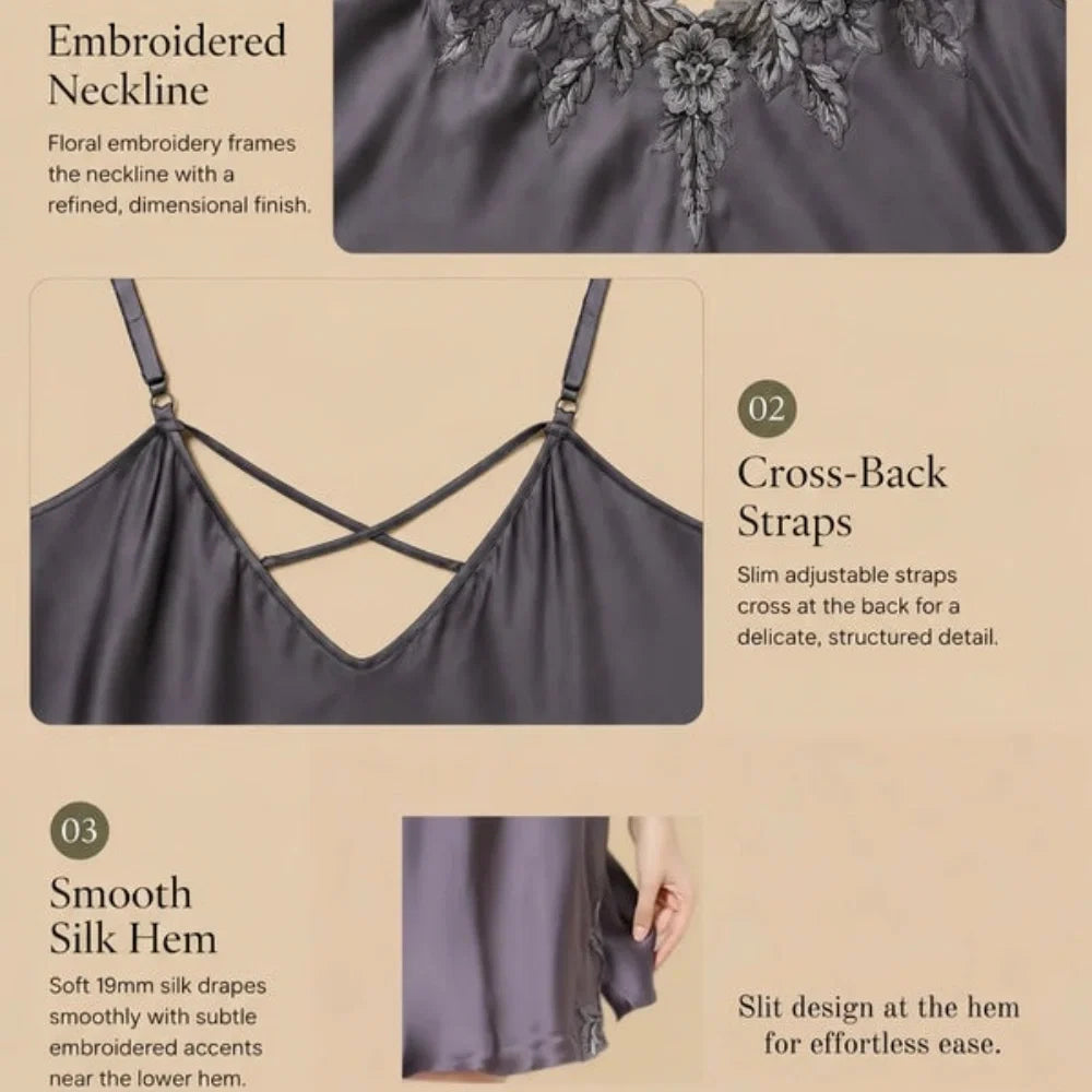 100% Mulberry Silk 19Momme Spaghetti Strap Nightgown with Embroidered Neck and Cross-Back