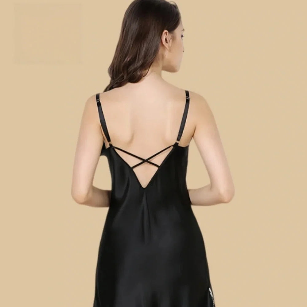100% Mulberry Silk 19Momme Spaghetti Strap Nightgown with Embroidered Neck and Cross-Back
