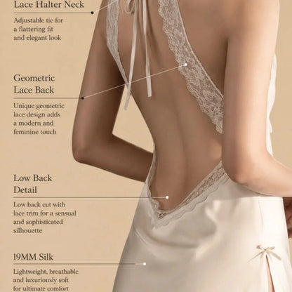 100% Mulberry Silk 19Momme Spaghetti Strap Nightgown with Lace Halter and Back Design