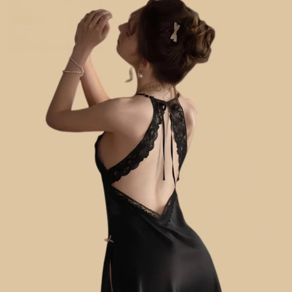 100% Mulberry Silk 19Momme Spaghetti Strap Nightgown with Lace Halter and Back Design