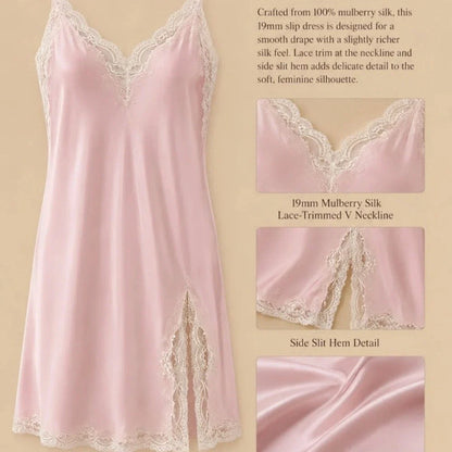 100% Mulberry Silk 19Momme Spaghetti Strap Nightgown with Lace V-Neck and Side Slit Hem