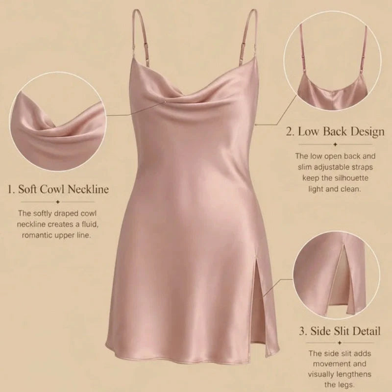 100% Mulberry Silk 19Momme Spaghetti Strap Nightgown with Side Slit Design