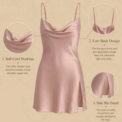 100% Mulberry Silk 19Momme Spaghetti Strap Nightgown with Side Slit Design