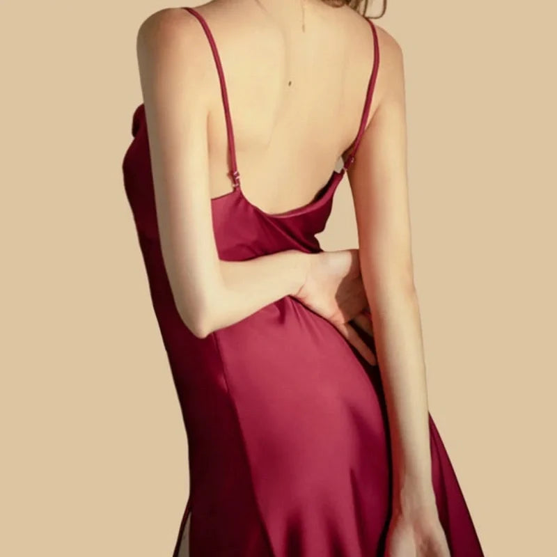 100% Mulberry Silk 19Momme Spaghetti Strap Nightgown with Side Slit Design
