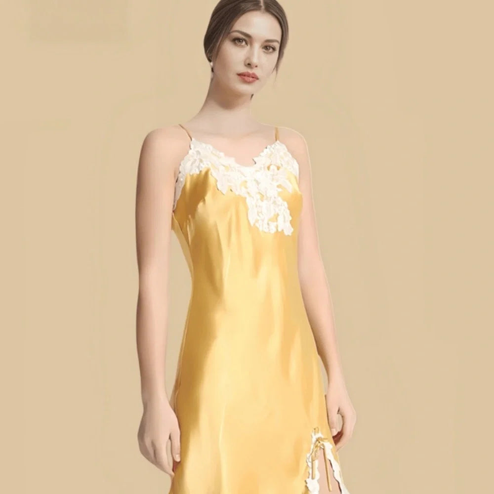 100% Mulberry Silk 19Momme Spaghetti Strap Nightgown with Side Slit and Lace Desgin
