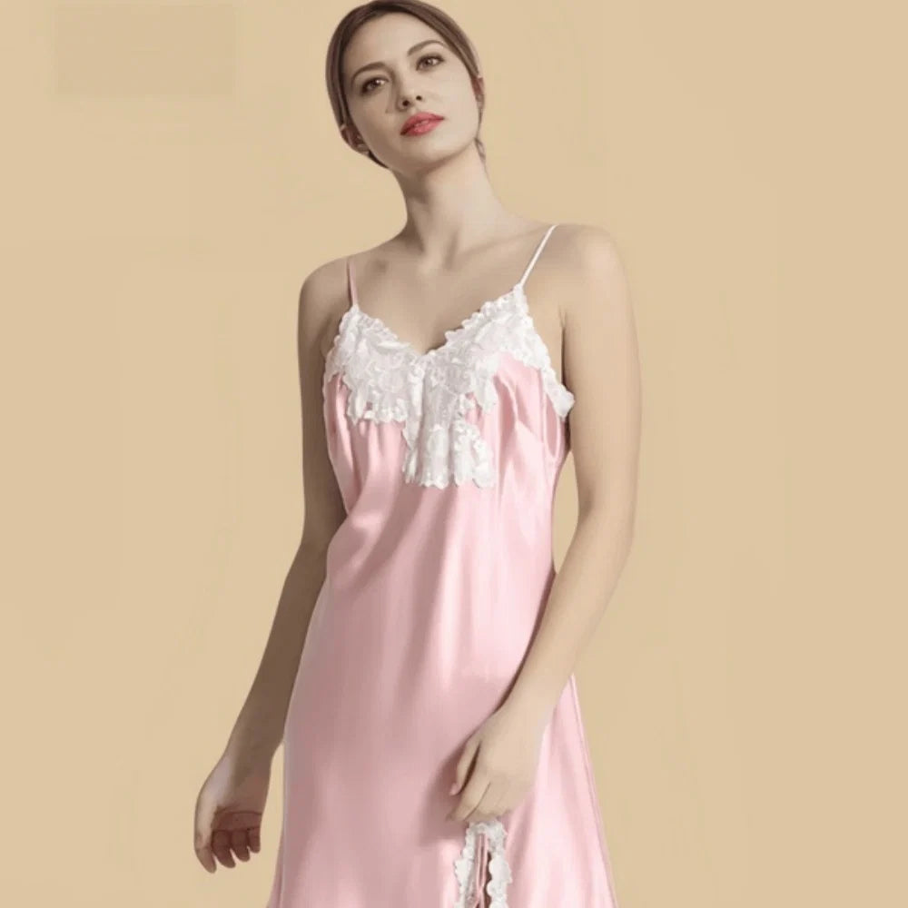 100% Mulberry Silk 19Momme Spaghetti Strap Nightgown with Side Slit and Lace Desgin