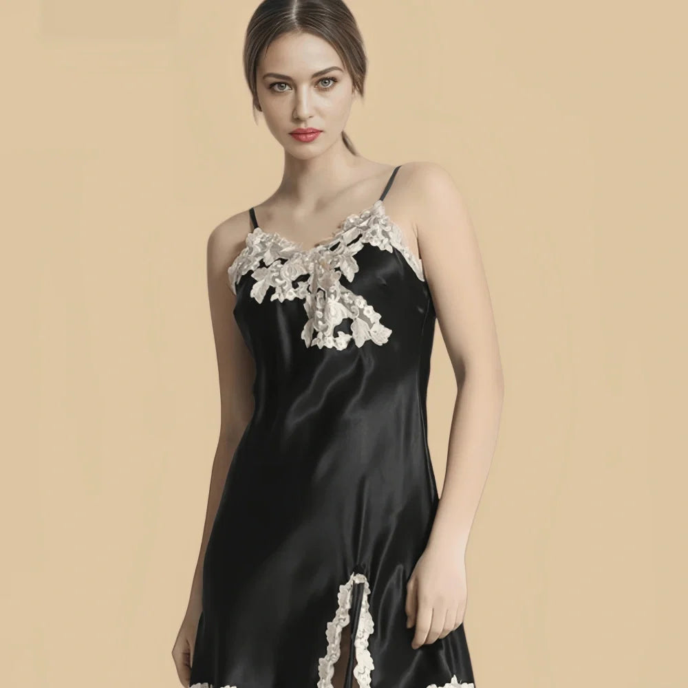 100% Mulberry Silk 19Momme Spaghetti Strap Nightgown with Side Slit and Lace Desgin