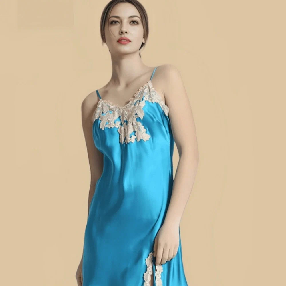 100% Mulberry Silk 19Momme Spaghetti Strap Nightgown with Side Slit and Lace Desgin