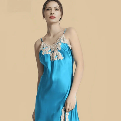 100% Mulberry Silk 19Momme Spaghetti Strap Nightgown with Side Slit and Lace Desgin