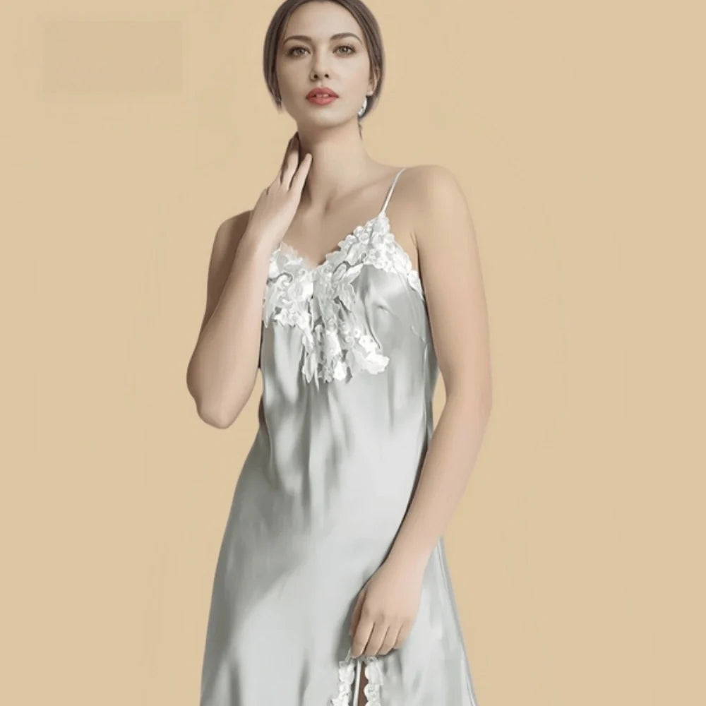 100% Mulberry Silk 19Momme Spaghetti Strap Nightgown with Side Slit and Lace Desgin