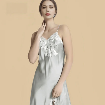 100% Mulberry Silk 19Momme Spaghetti Strap Nightgown with Side Slit and Lace Desgin