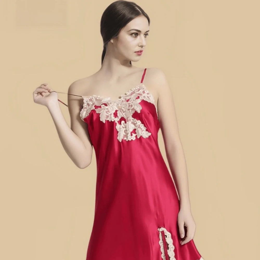 100% Mulberry Silk 19Momme Spaghetti Strap Nightgown with Side Slit and Lace Desgin