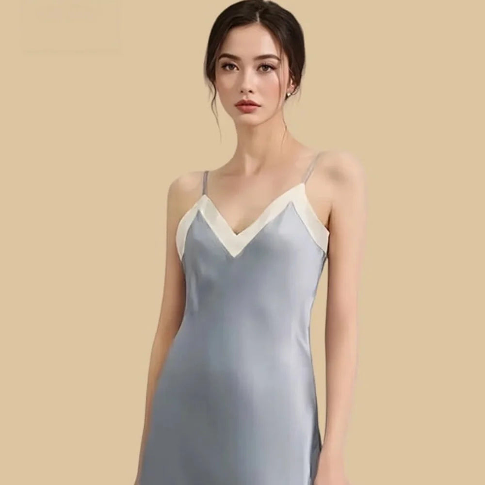100% Mulberry Silk 19Momme Spaghetti Strap Short Nightgown with Contrast V-Neck Design