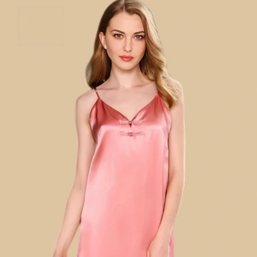100% Mulberry Silk 19Momme Spaghetti Strap Short Nightgown with Front Knot V-Neck