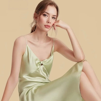 100% Mulberry Silk 19Momme Spaghetti Strap V-Neck Midi Nightgown