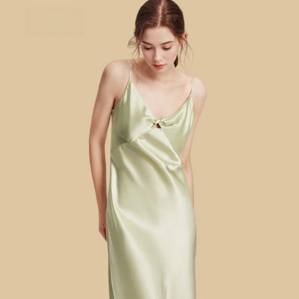 100% Mulberry Silk 19Momme Spaghetti Strap V-Neck Midi Nightgown