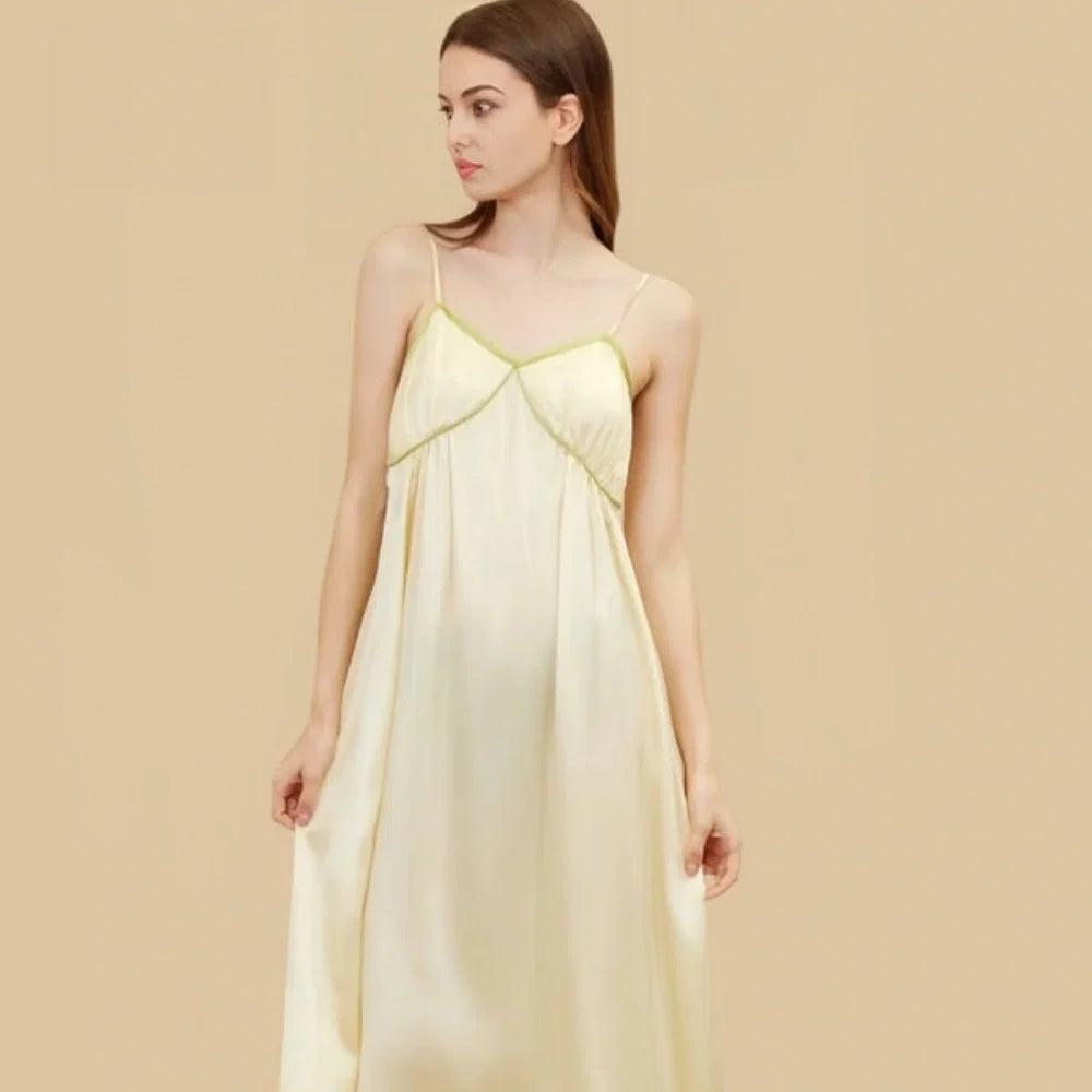 100% Mulberry Silk 19Momme Spaghetti Strap V-Neck Midi Nightgown
