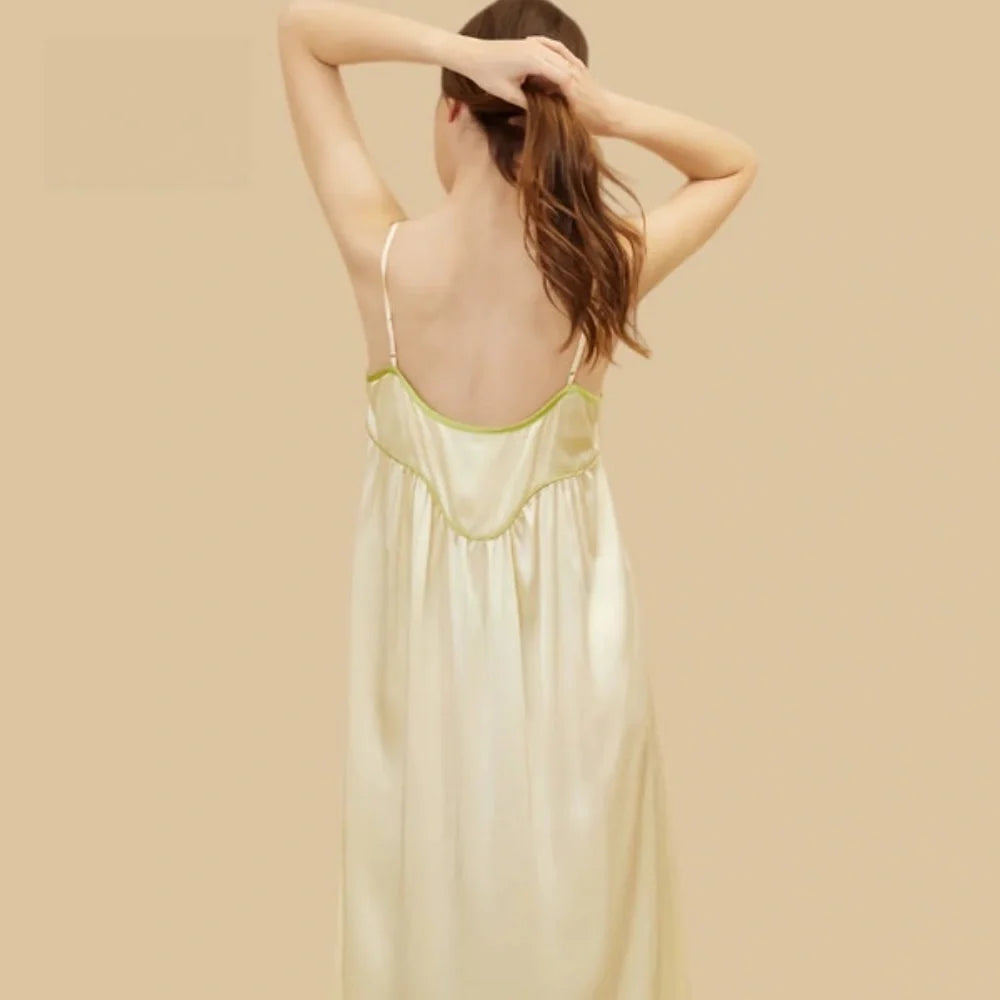 100% Mulberry Silk 19Momme Spaghetti Strap V-Neck Midi Nightgown