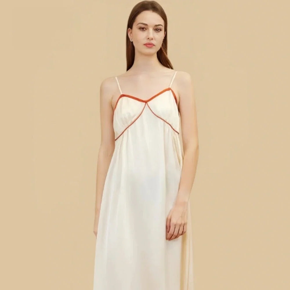 100% Mulberry Silk 19Momme Spaghetti Strap V-Neck Midi Nightgown