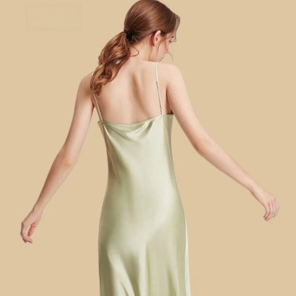 100% Mulberry Silk 19Momme Spaghetti Strap V-Neck Midi Nightgown