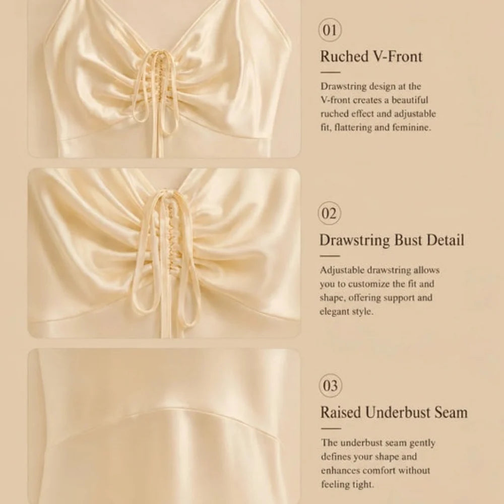 100% Mulberry Silk 19Momme Spaghetti Strap V-neck Nightgown with Drawstring Bust Design