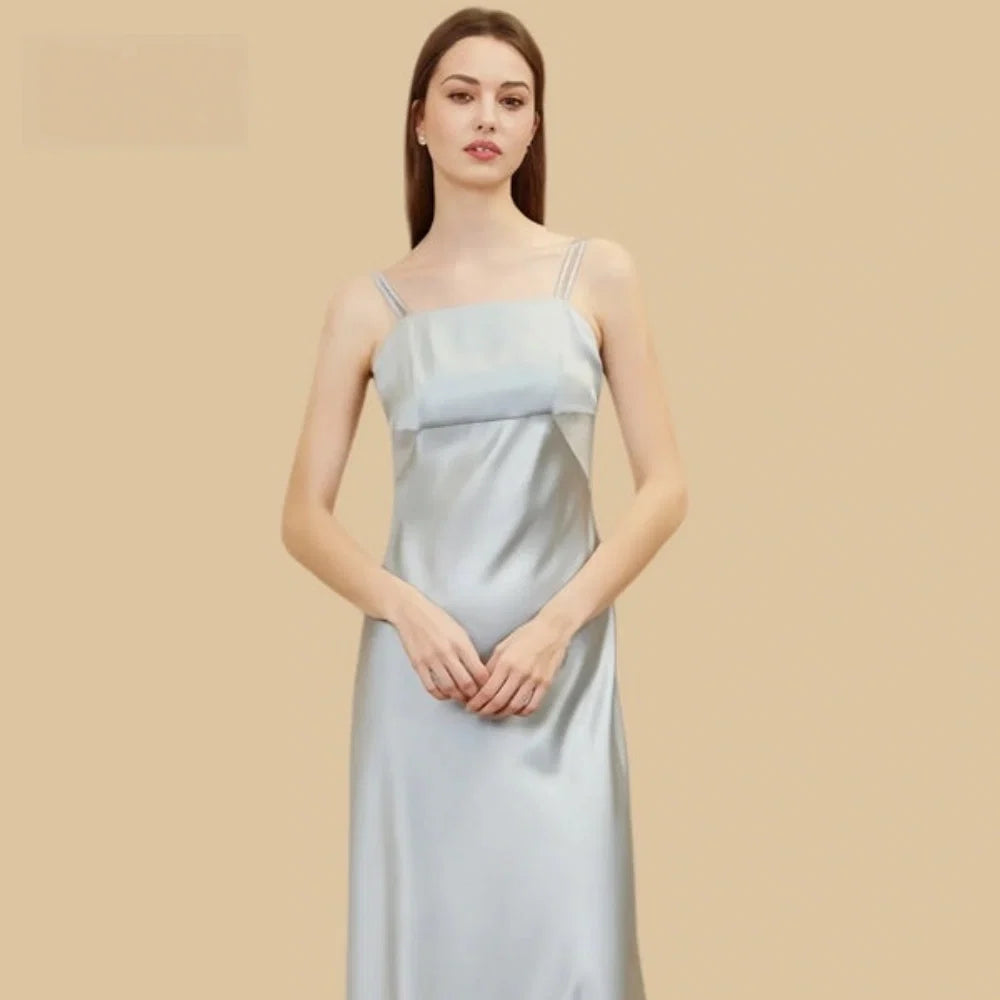 100% Mulberry Silk 19Momme Square-Neck Nightgown with Double Straps and Smocked Back
