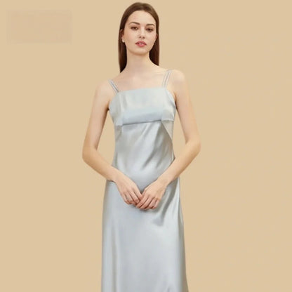 100% Mulberry Silk 19Momme Square-Neck Nightgown with Double Straps and Smocked Back