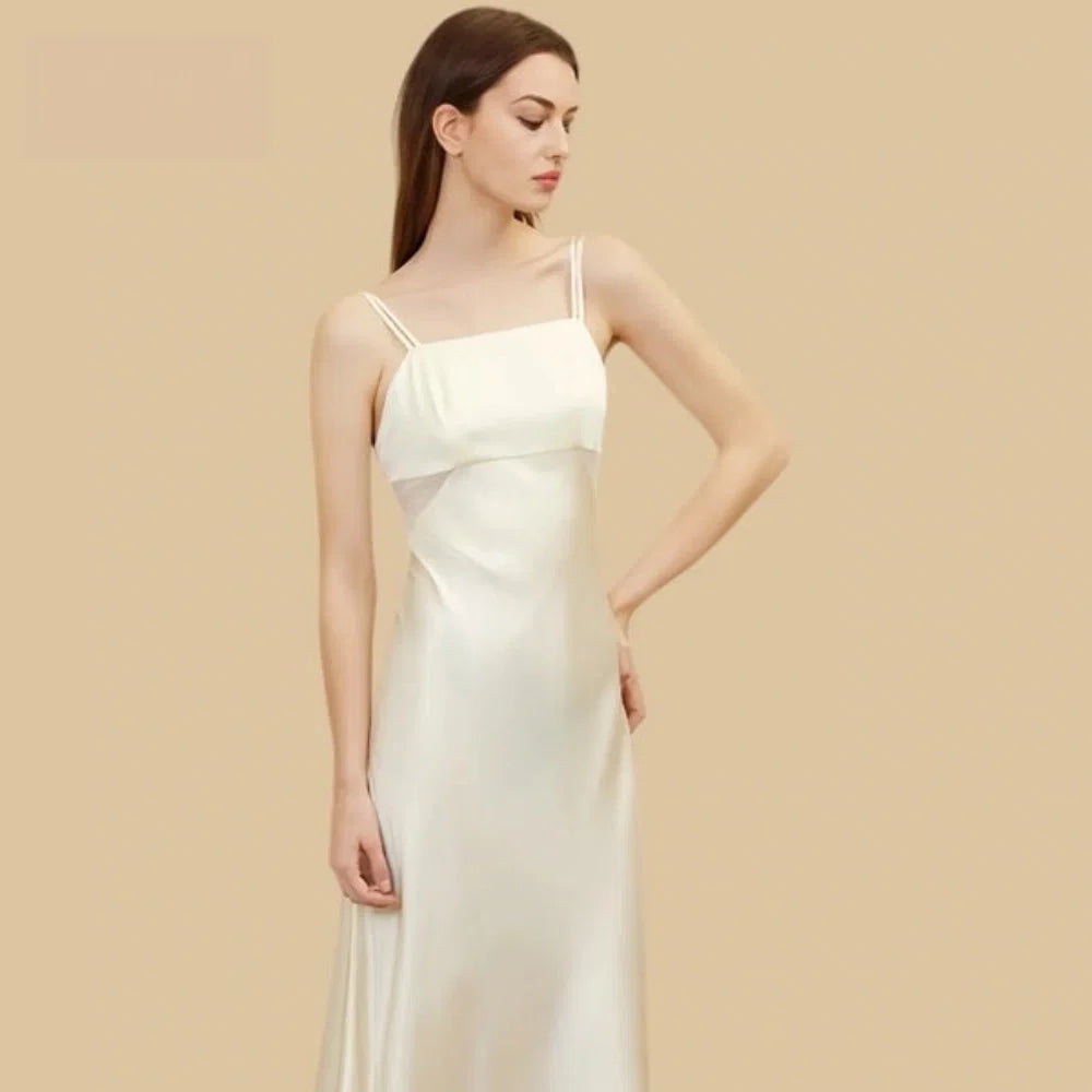 100% Mulberry Silk 19Momme Square-Neck Nightgown with Double Straps and Smocked Back