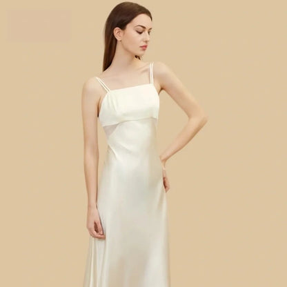100% Mulberry Silk 19Momme Square-Neck Nightgown with Double Straps and Smocked Back