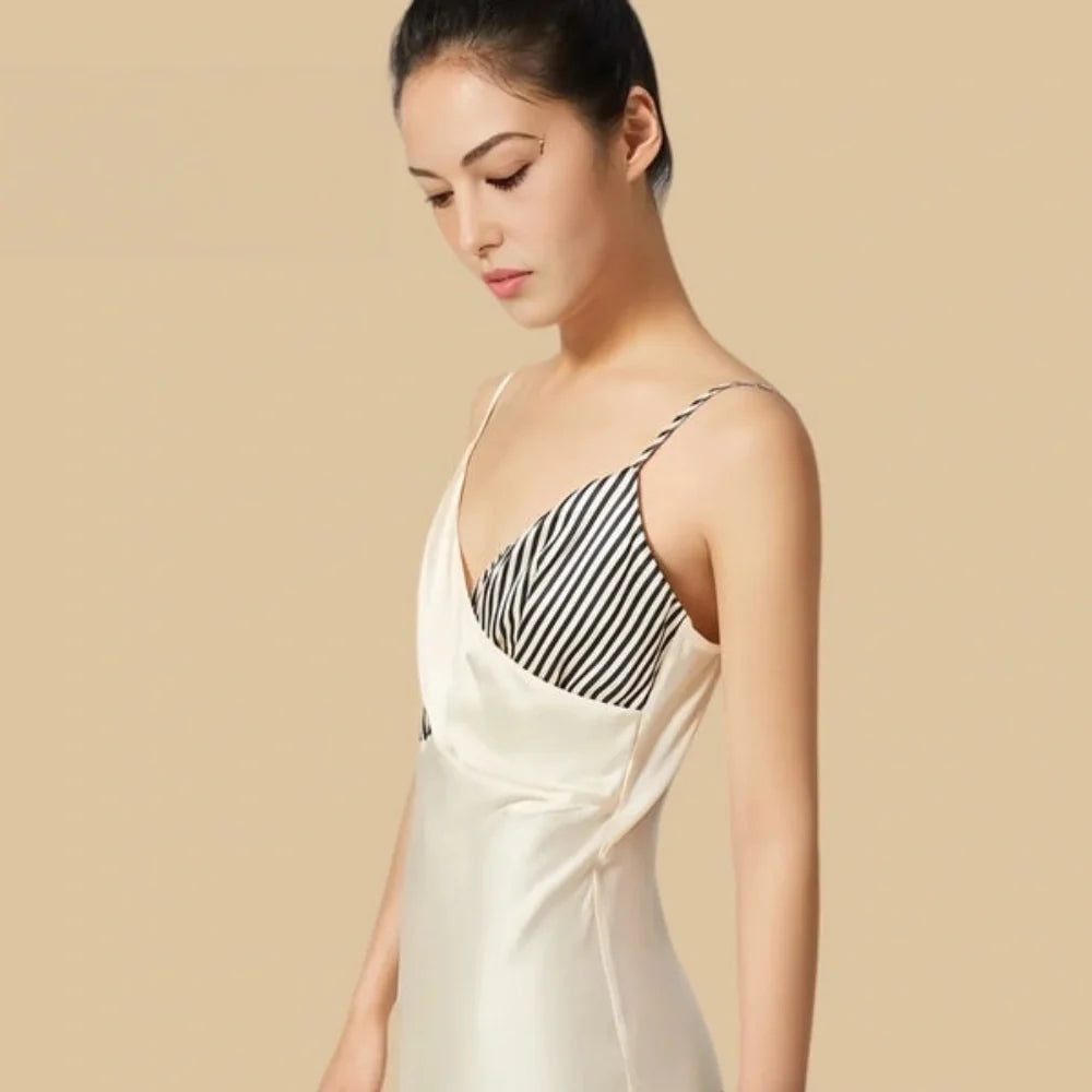 100% Mulberry Silk 19Momme Striped Patchwork Spaghetti Strap Midi Nightgown