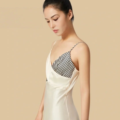 100% Mulberry Silk 19Momme Striped Patchwork Spaghetti Strap Midi Nightgown