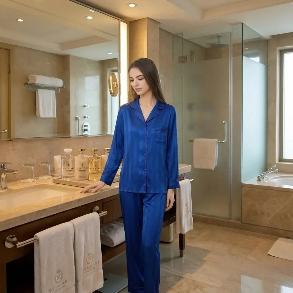 100% Mulberry Silk 19Momme Stripes Print Long Sleeve Button Up Women&