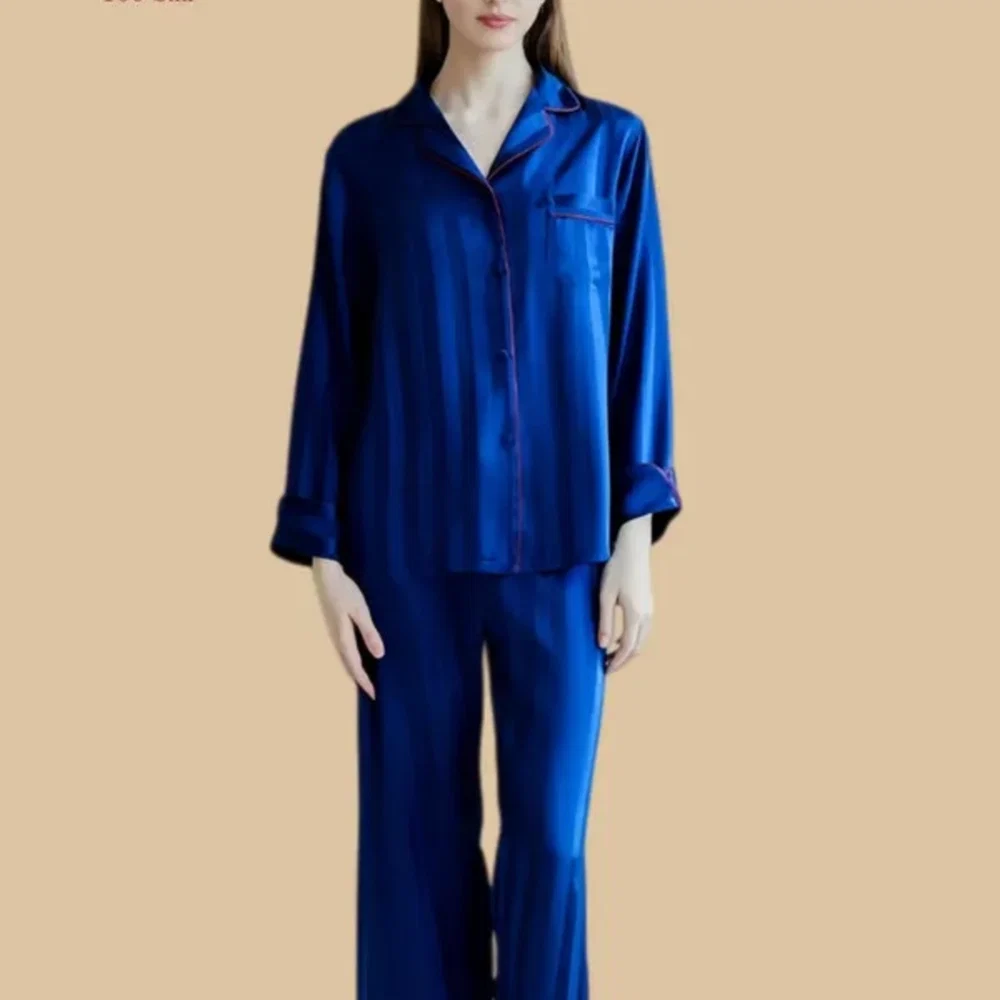 100% Mulberry Silk 19Momme Stripes Print Long Sleeve Button Up Women&