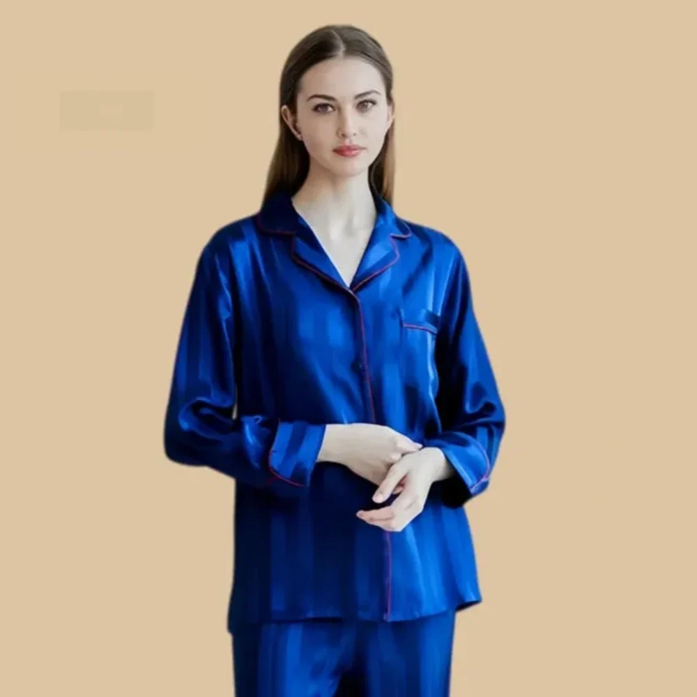 100% Mulberry Silk 19Momme Stripes Print Long Sleeve Button Up Women&