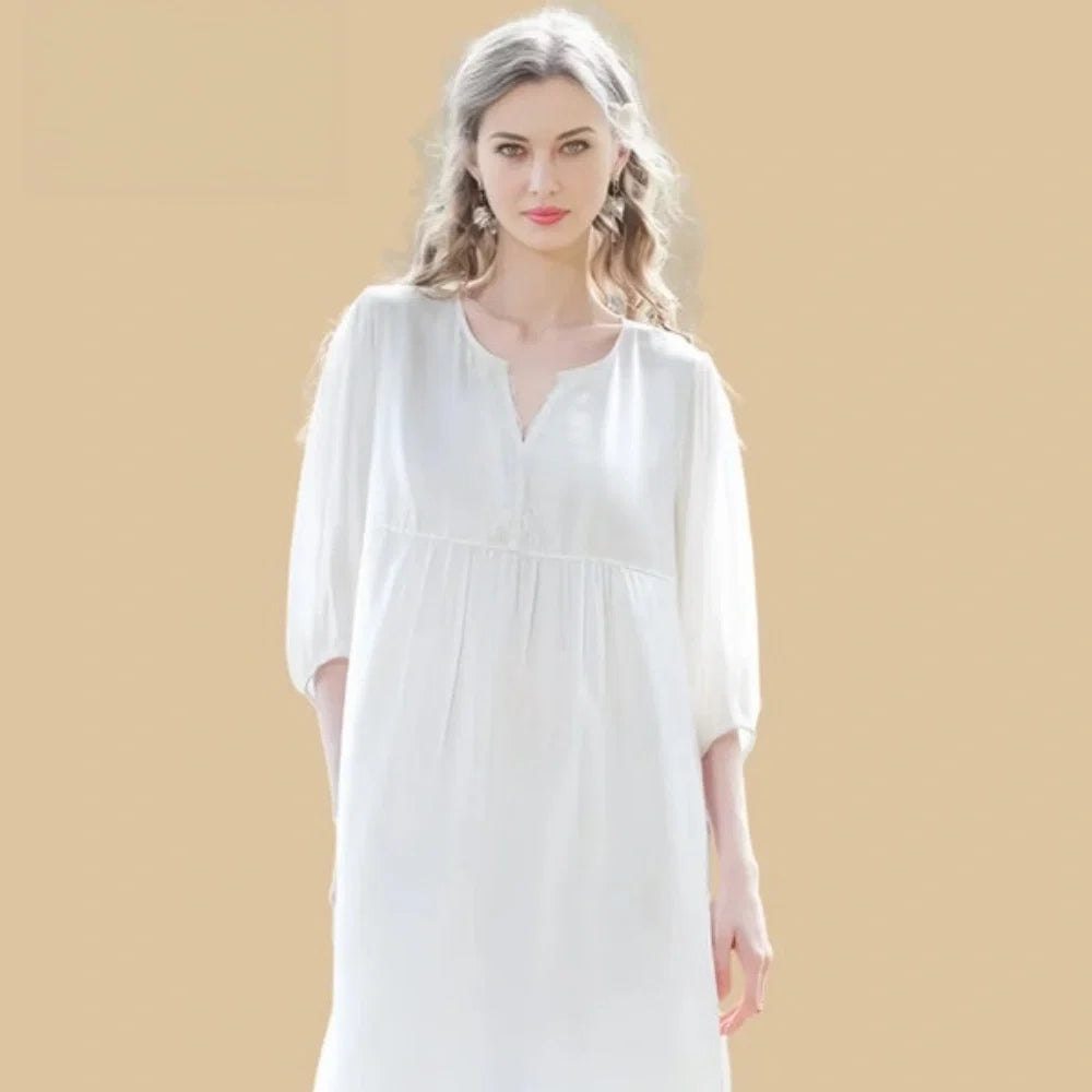 100% Mulberry Silk 19Momme Three-quarters Sleeve Lace V-Neck White Midi Nightgown