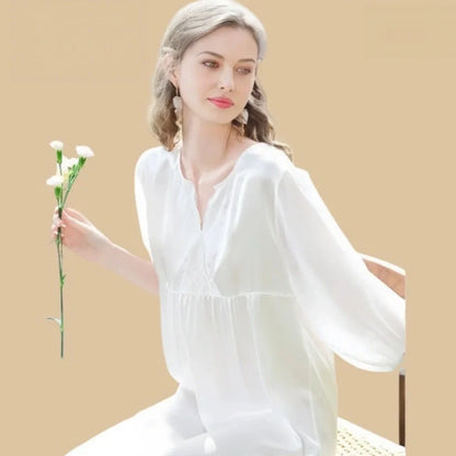 100% Mulberry Silk 19Momme Three-quarters Sleeve Lace V-Neck White Midi Nightgown