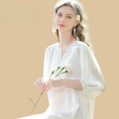 100% Mulberry Silk 19Momme Three-quarters Sleeve Lace V-Neck White Midi Nightgown