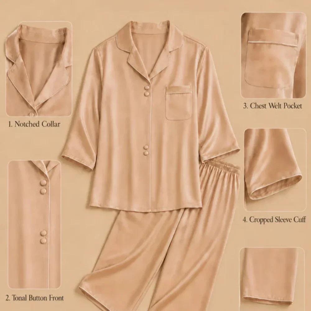 100% Mulberry Silk 19Momme Three-quarters Sleeve Women&
