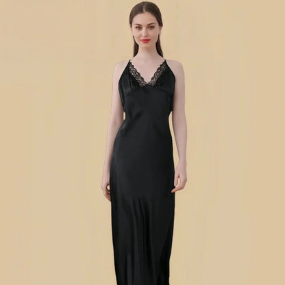 100% Mulberry Silk 19Momme V-Neck Maxi Nightgown with Lace Cross Back Design