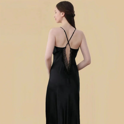100% Mulberry Silk 19Momme V-Neck Maxi Nightgown with Lace Cross Back Design