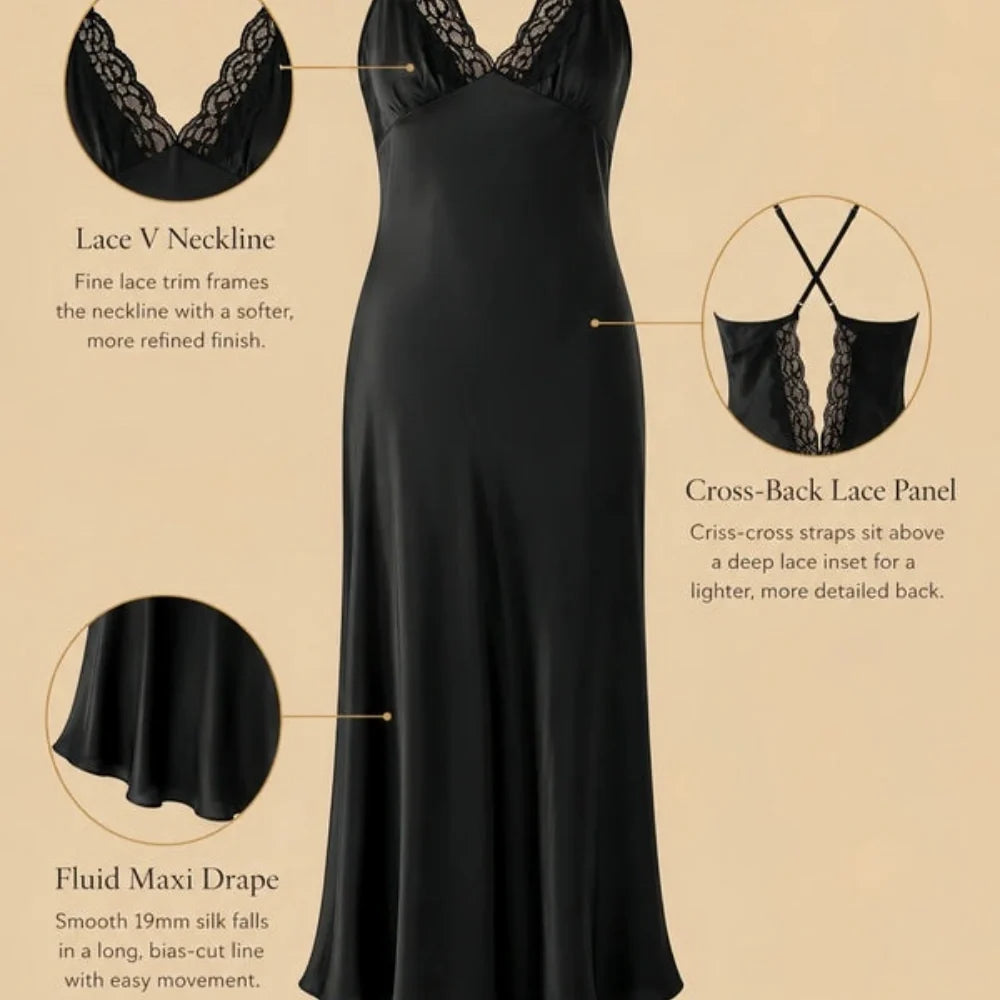 100% Mulberry Silk 19Momme V-Neck Maxi Nightgown with Lace Cross Back Design