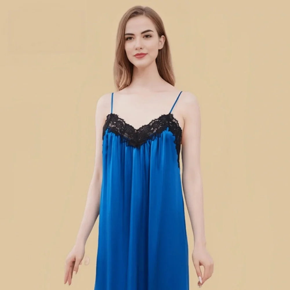 100% Mulberry Silk 19Momme V-Neck Midi Nightgown &amp; Robe with Lace Design