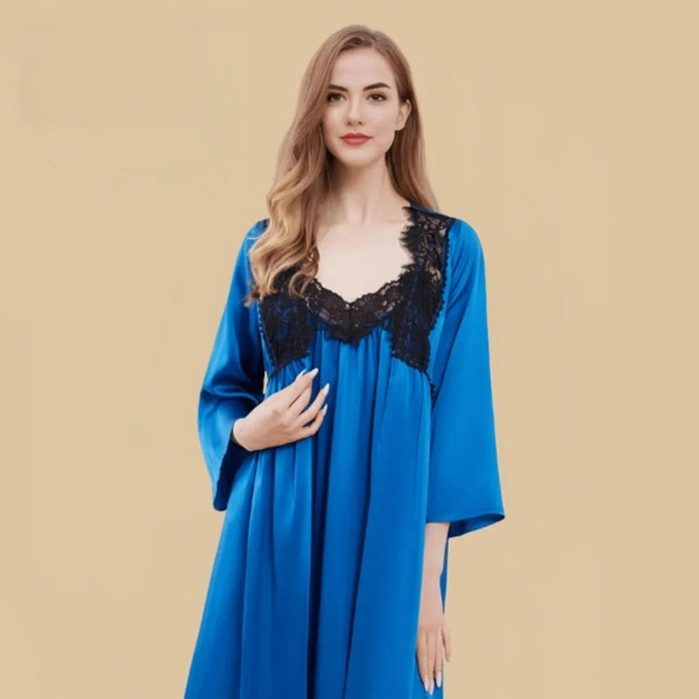100% Mulberry Silk 19Momme V-Neck Midi Nightgown &amp; Robe with Lace Design