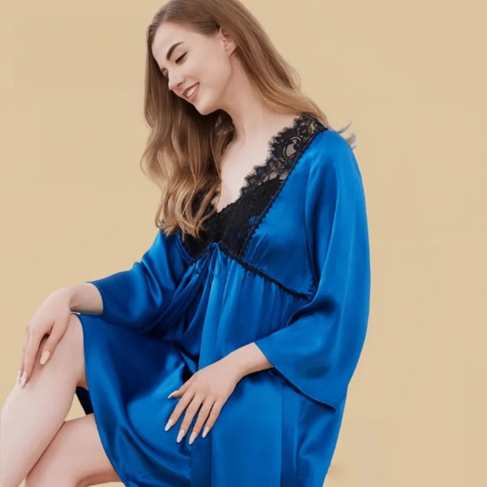 100% Mulberry Silk 19Momme V-Neck Midi Nightgown &amp; Robe with Lace Design