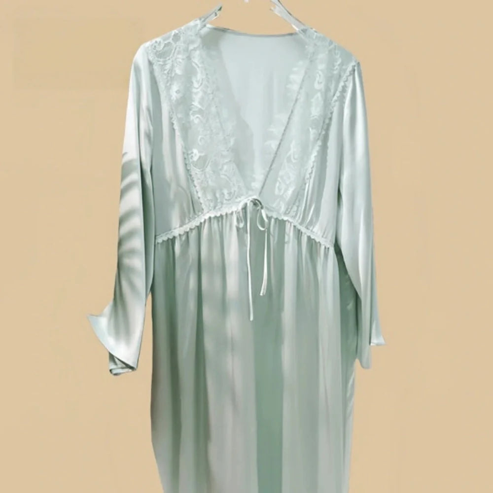 100% Mulberry Silk 19Momme V-Neck Midi Nightgown &amp; Robe with Lace Design
